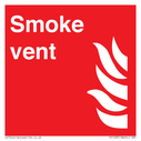 Smoke vent. Red background, with white text and flame symbol Text: 